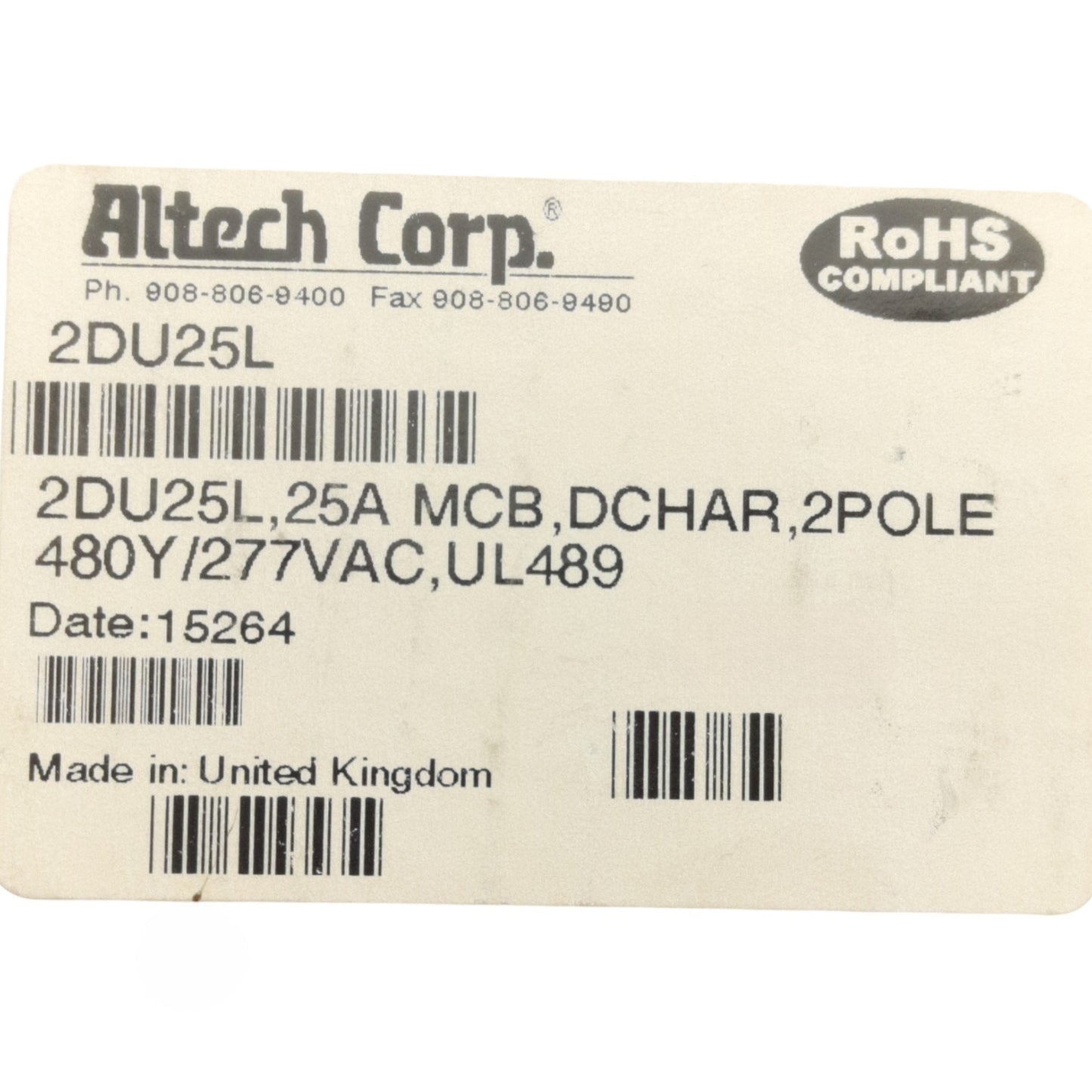 New Altech 2DU25L Circuit Breaker, 2-Pole, 480Y/277VAC 25A MCB, DIN Rail Mount