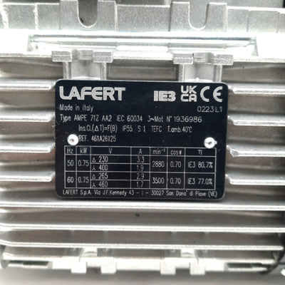 Used LAFERT AMPE 71Z AA2 Pump Motor .75kW 3500RPM 3PH 230/460VAC 3.3/1.7A 71Z Frame