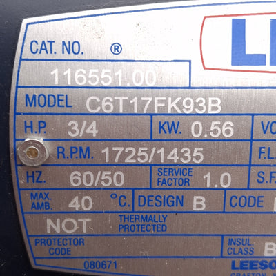 Used Leeson C6T17FK93B AC Motor, 3Ø 208-230/460VAC, 3/4HP, 1725RPM, 56C Frame