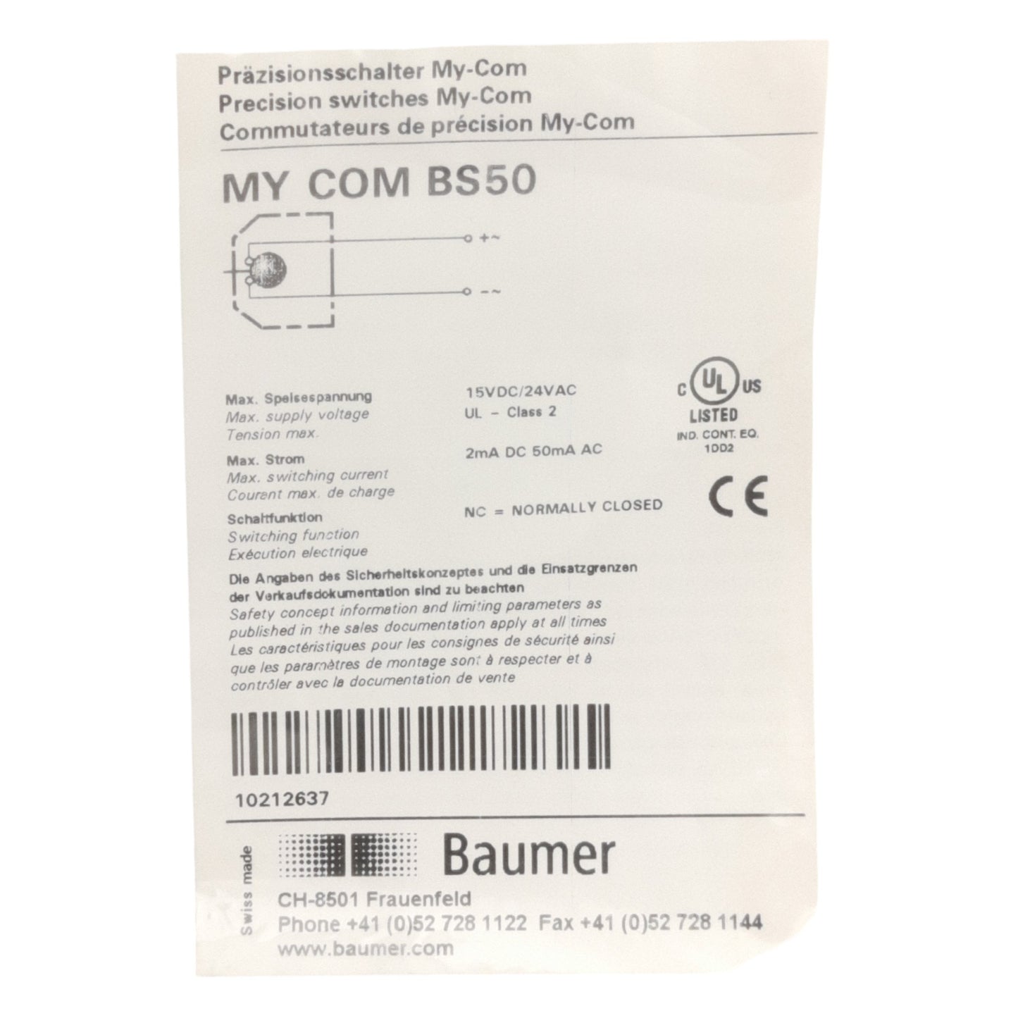 New Baumer MY-COM BS50 Precision Switch, 50cN, 15VDC 2mA/24VAC 50mA, NC, ø8mm OD