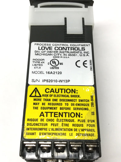 Used Love 16A2120 Temperature Controller, 100-240VAC, Switched 15VDC, Alarm Relay Out