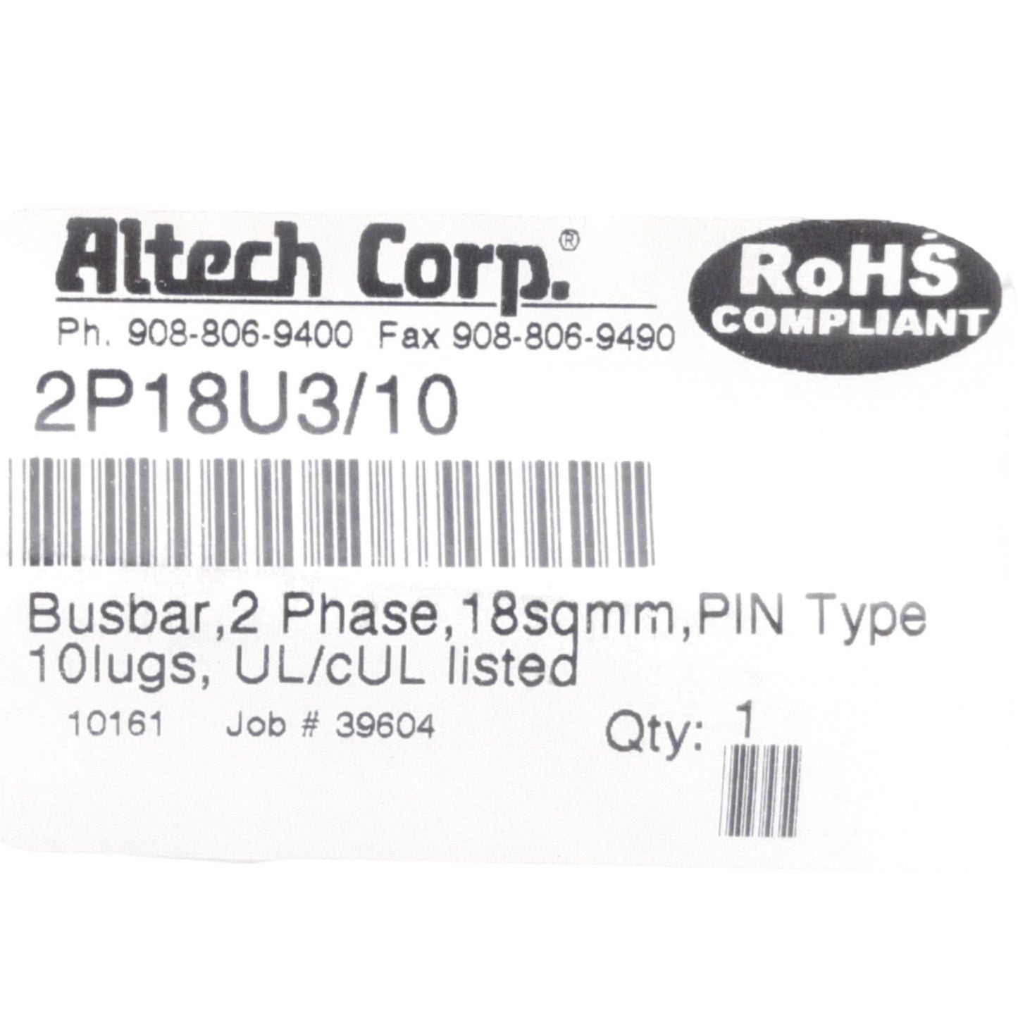 New Altech 2P18U3/10 2 Phase Busbar, 2-Pole, 10-Pin, 480V 80A, Press Fit Mount
