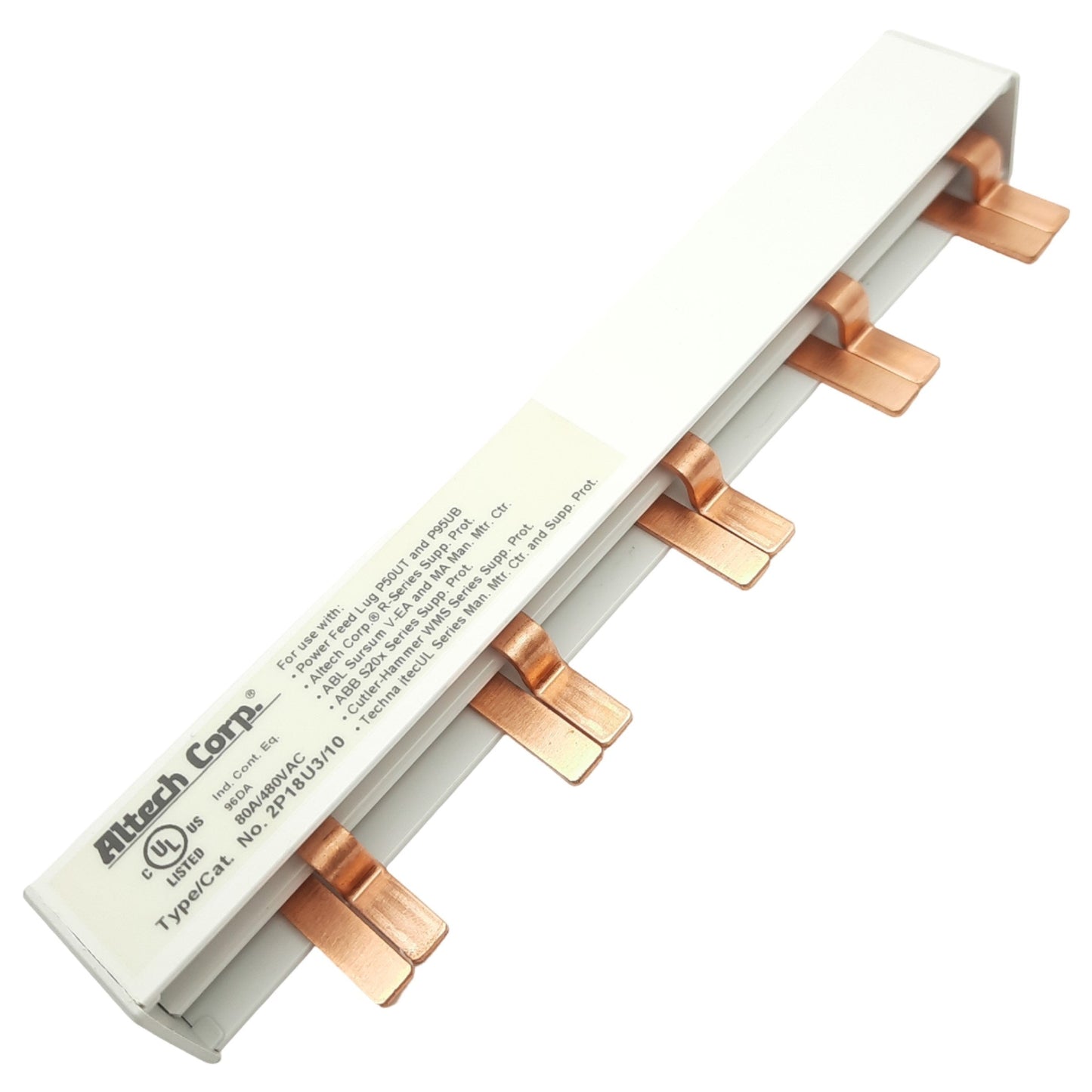 New Altech 2P18U3/10 2 Phase Busbar, 2-Pole, 10-Pin, 480V 80A, Press Fit Mount