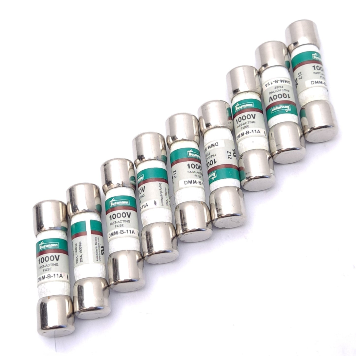New Lot of 9 Bussmann DMM-B-11A Fast Midget Fuses, 1000V AC/DC, 11A, ø10x38.1mm
