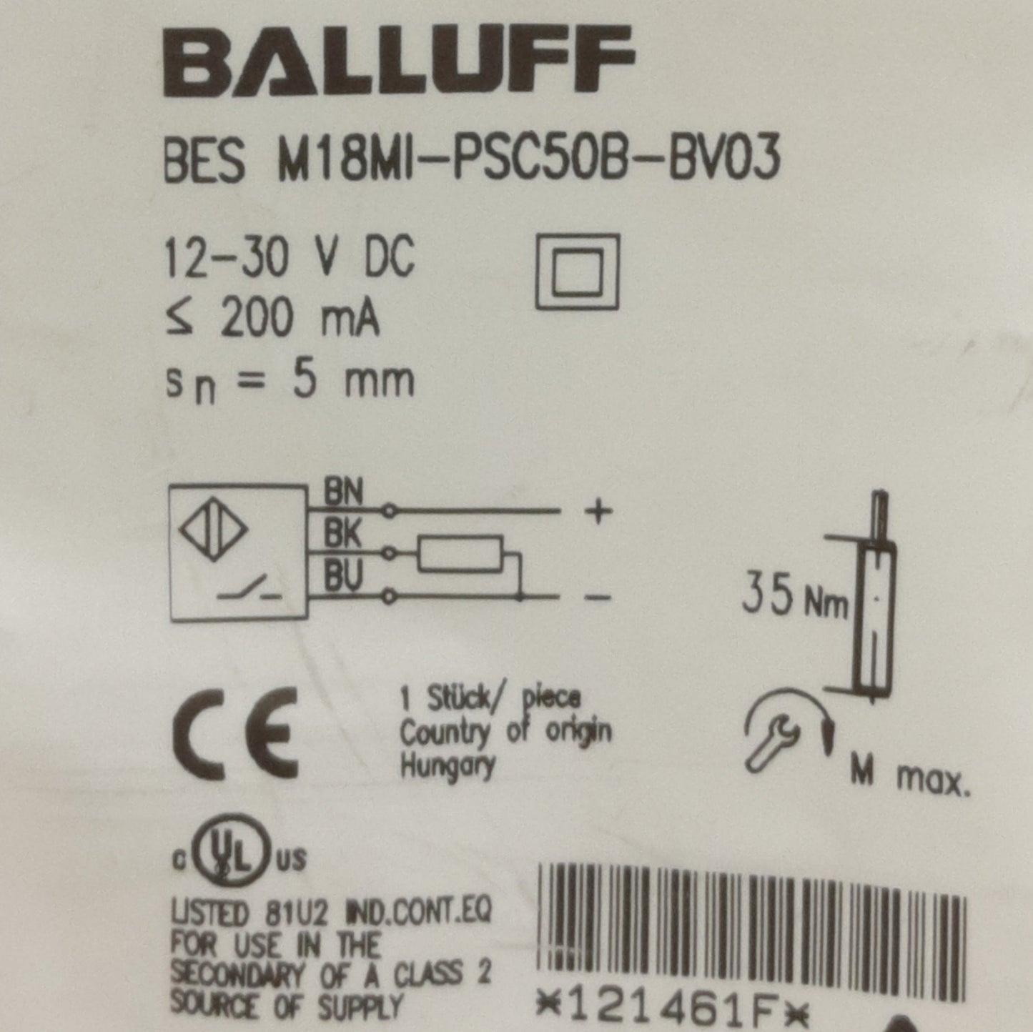 New Balluff BES M18MI-PSC50B-BV03 Proximity Sensor, PNP NO, 10-30VDC, 5mm Range