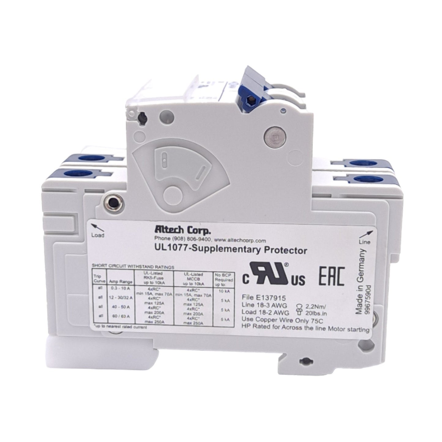 New Altech 2D8UR Supplementary Circuit Breaker, 2-Pole, 480Y/277VAC, 8A, DIN Mount