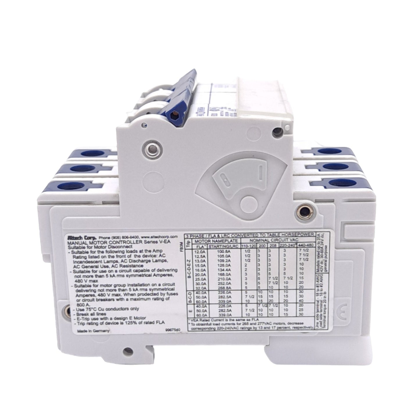New Altech 3B20UM Motor Circuit Breaker, 3-Pole, 480Y/277VAC 415VAC, 20A, DIN Mount