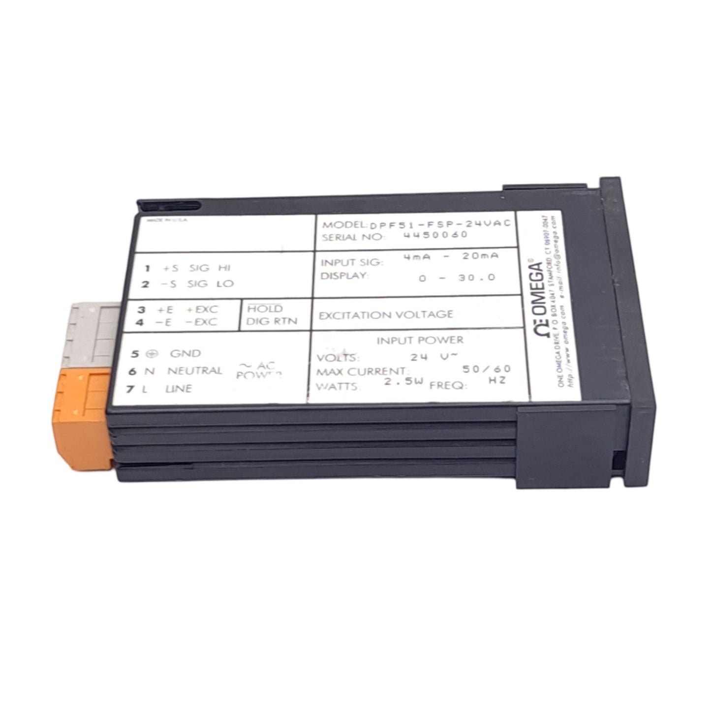 Used OMEGA DPF51-FSP-24VAC Compact Process Meter, 3/64 DIN Panel, 4-20mA Input, 24VAC