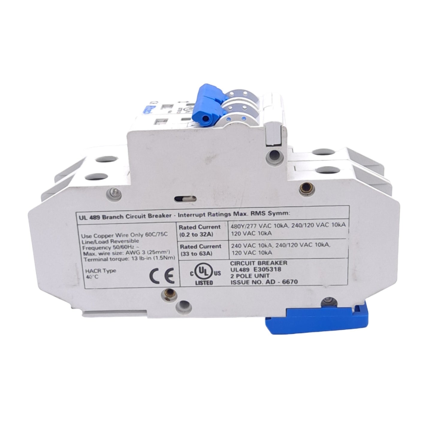 New Altech 2DU10L UL489 Circuit Breaker, 2-Pole, 480Y/277VAC, 240VAC, 10A, DIN Mount