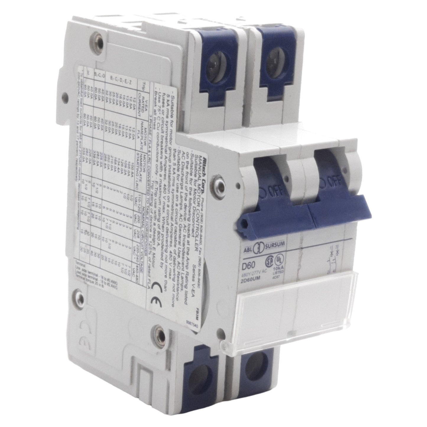 New Altech 2D60UM Circuit Breaker, 2-Poles, 480Y/277VAC 60VDC 60A, DIN Rail Mount