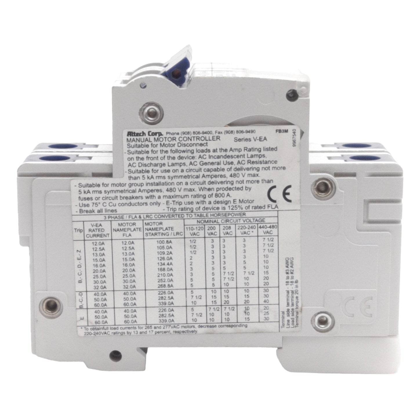 New Altech 2D60UM Circuit Breaker, 2-Poles, 480Y/277VAC 60VDC 60A, DIN Rail Mount
