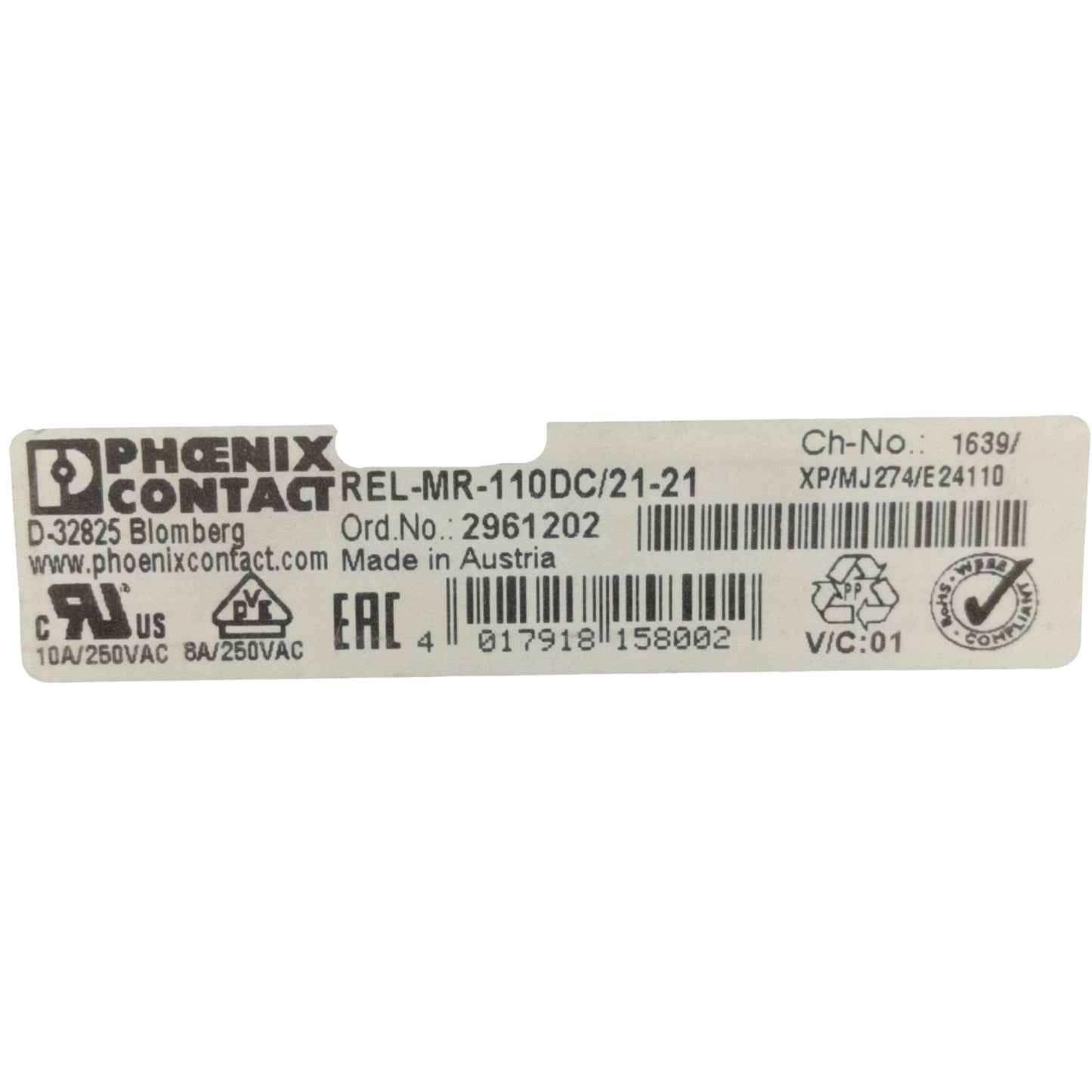 New Lot of 5 Phoenix Contact 2961202 Relay, 2 C.O. 250VAC/DC 8A Contact 110VDC Coil