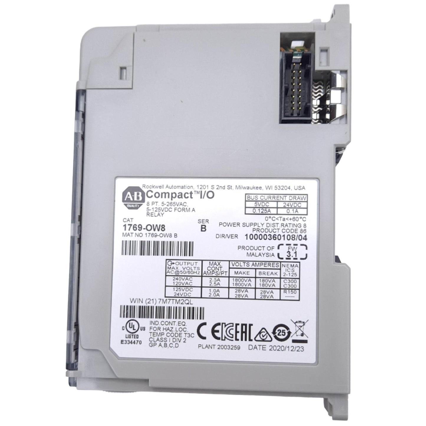 New Allen Bradley 1769-OW8 Compact Relay Output Module, 8-Point NO, 265VAC/125VDC