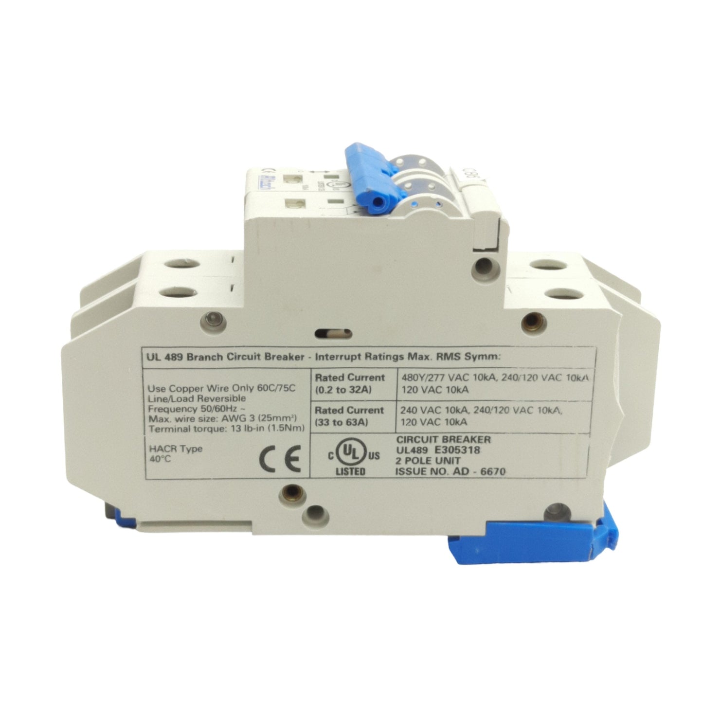 Used Altech 2DU32L Circuit Breaker, 2-Pole, 480Y/277VAC, 240VAC, 32A, DIN Mount