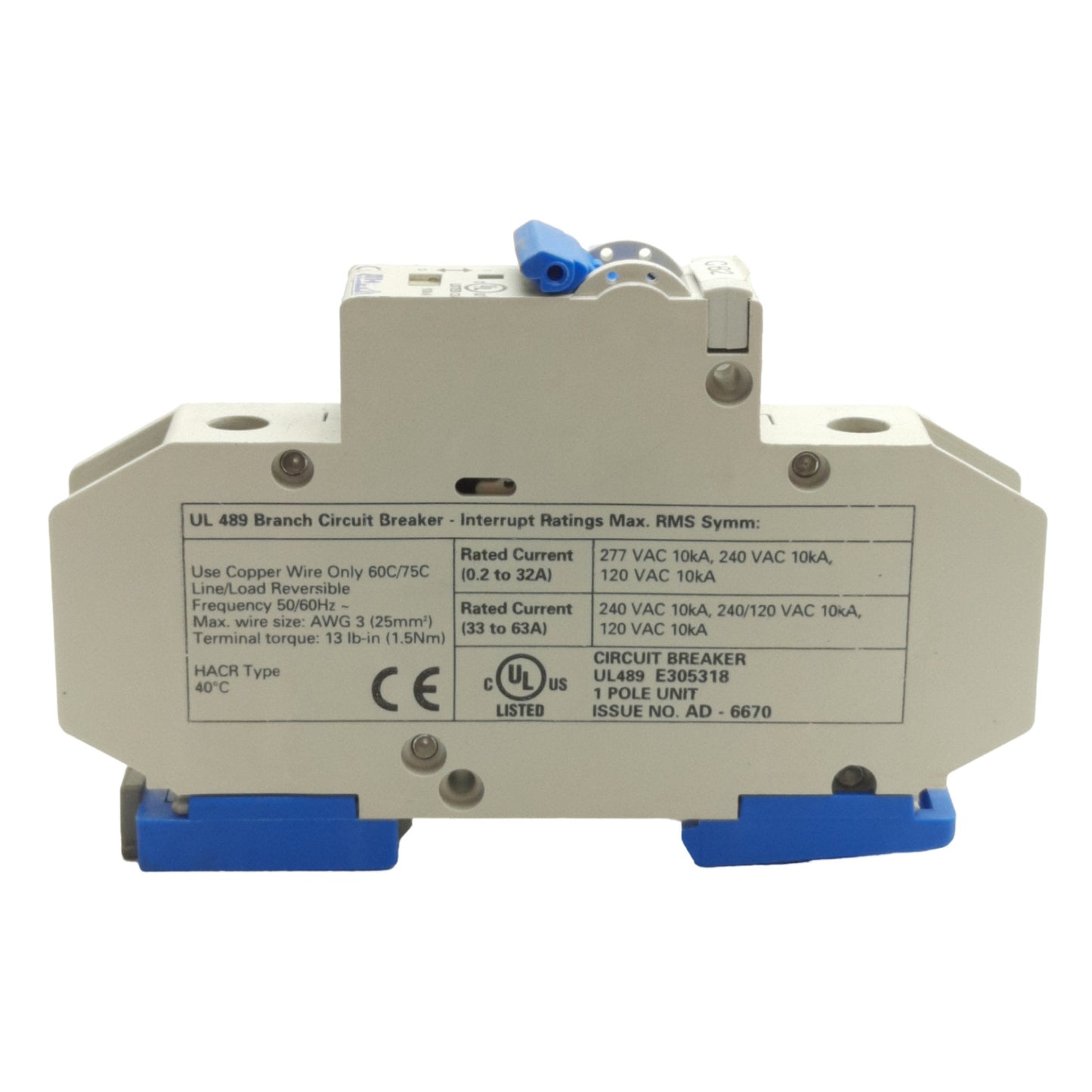 Used Altech 1DU15L Circuit Breaker, 1-Pole, 480Y/277VAC, 240VAC, 15A, DIN Mount