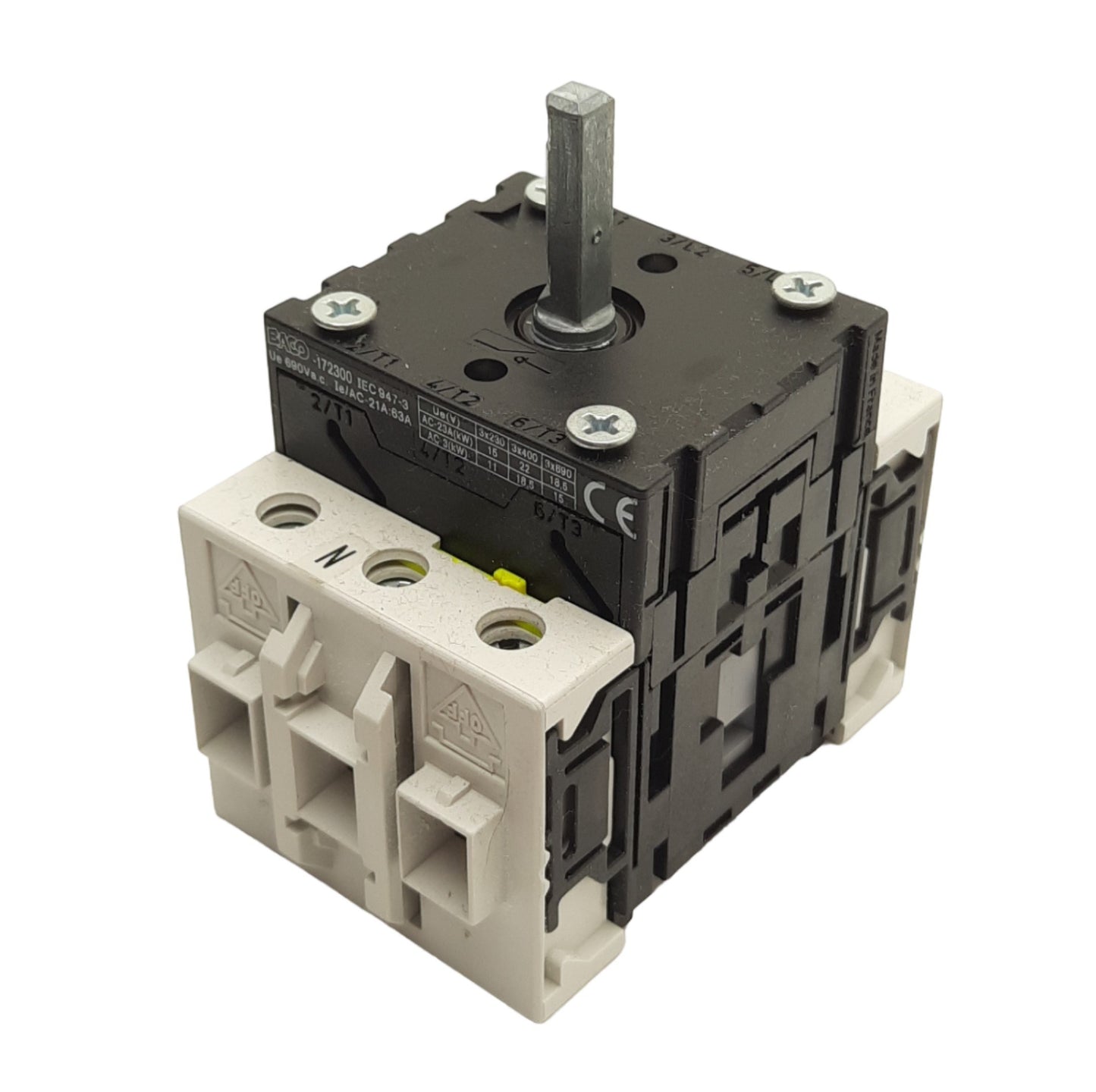 Used Baco 172300 Disconnect Switch, 3-Poles, 690VAC 63A Contact, 6mm x 6mm Shaft