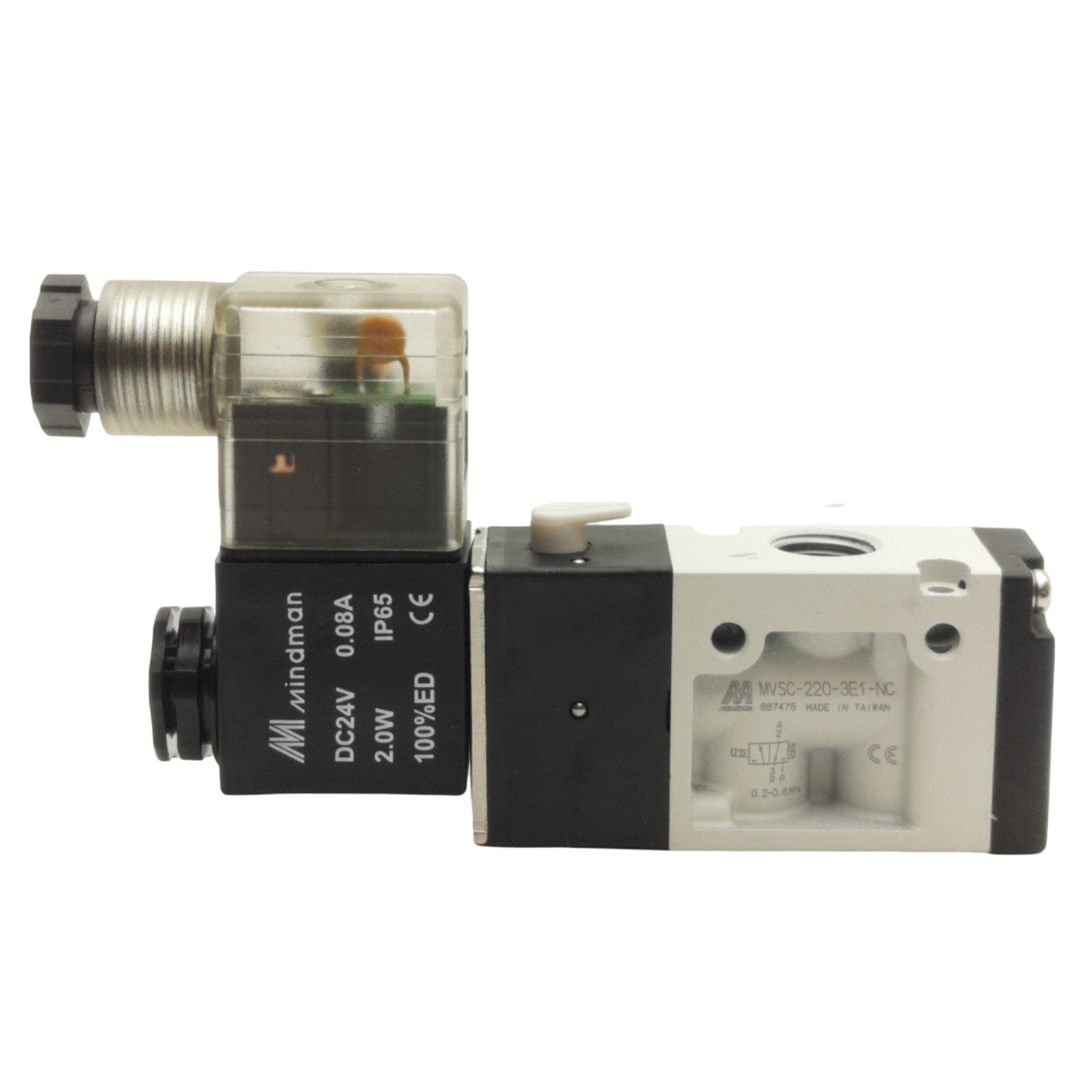New Mindman MVSC-220-3E1 Solenoid Valve, 3/2 Way, 1/4in NPT, 24VDC Coil, 0-0.8MPa