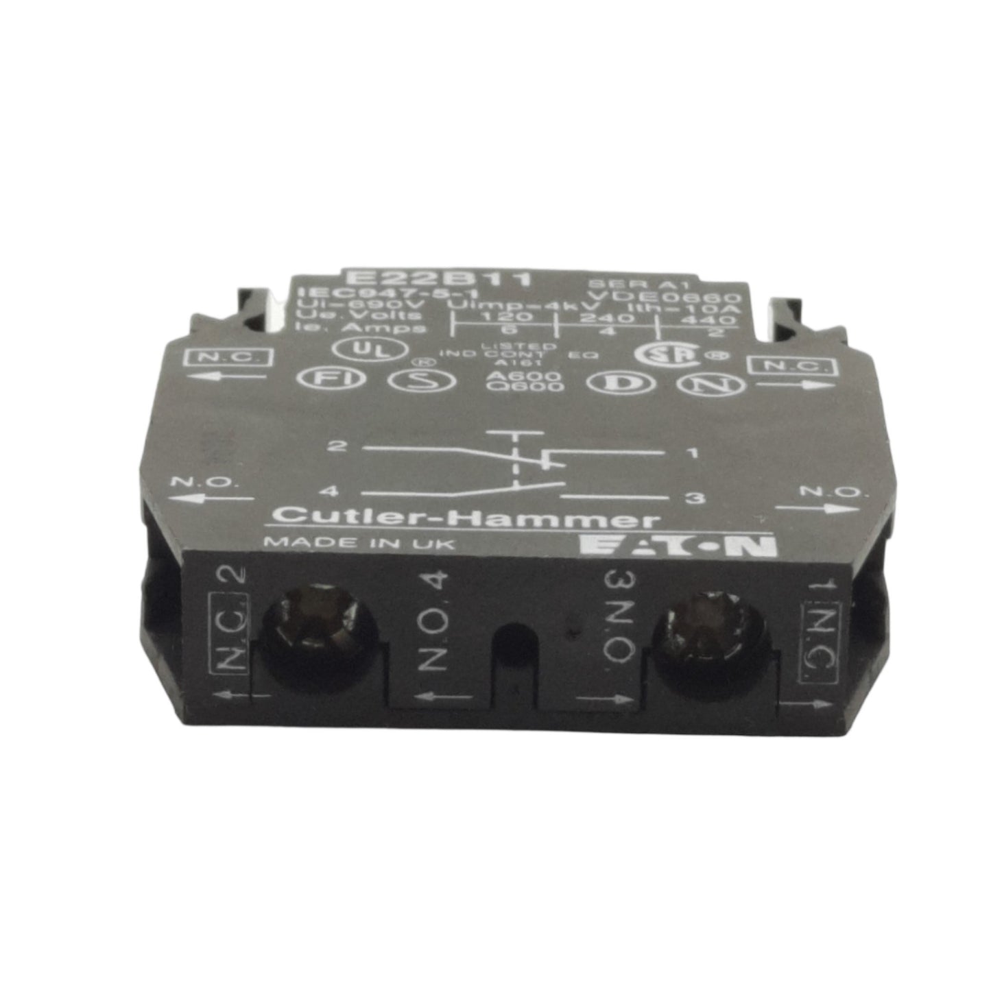 Used Eaton Cutler Hammer E22B11 Pushbutton Contact Block, 1NO & 1NC, 690VAC 10A