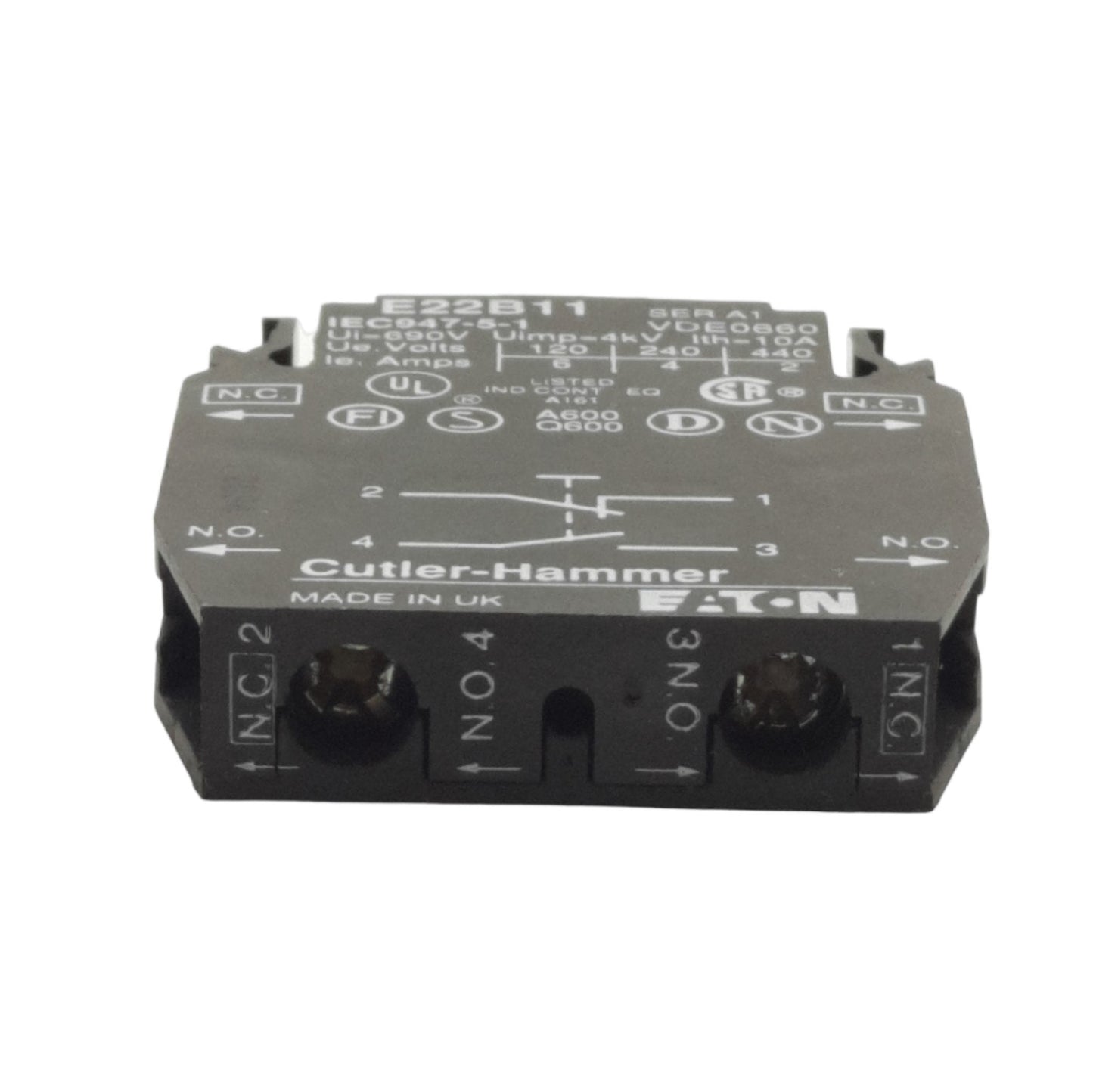 Used Eaton Cutler Hammer E22B11 Pushbutton Contact Block, 1NO & 1NC, 690VAC 10A