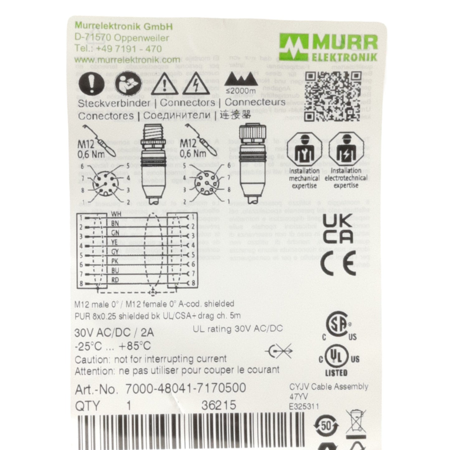 New Murrelektronik 7000-48041-7170500 Cordset M12 Male & Female 8-Pin 30DC/AC 2A, 5m