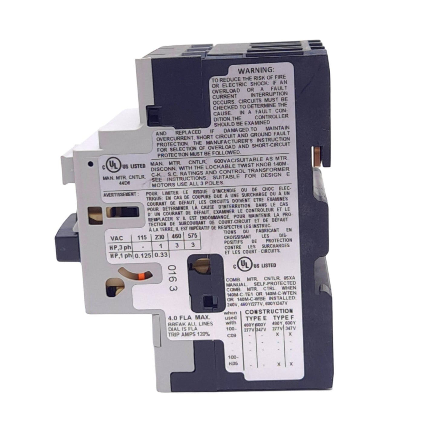 New Allen Bradley 140M-C2E-B40 Motor Circuit Breaker, 3-Pole, 2.5-4.0A 600VAC, DIN