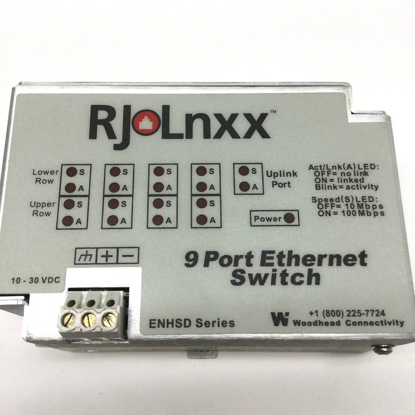 Used Woodhead ENHSDURR9 RJ-Lnxx Industrial Ethernet Switch, 9-Port RJ45, 10-30VDC
