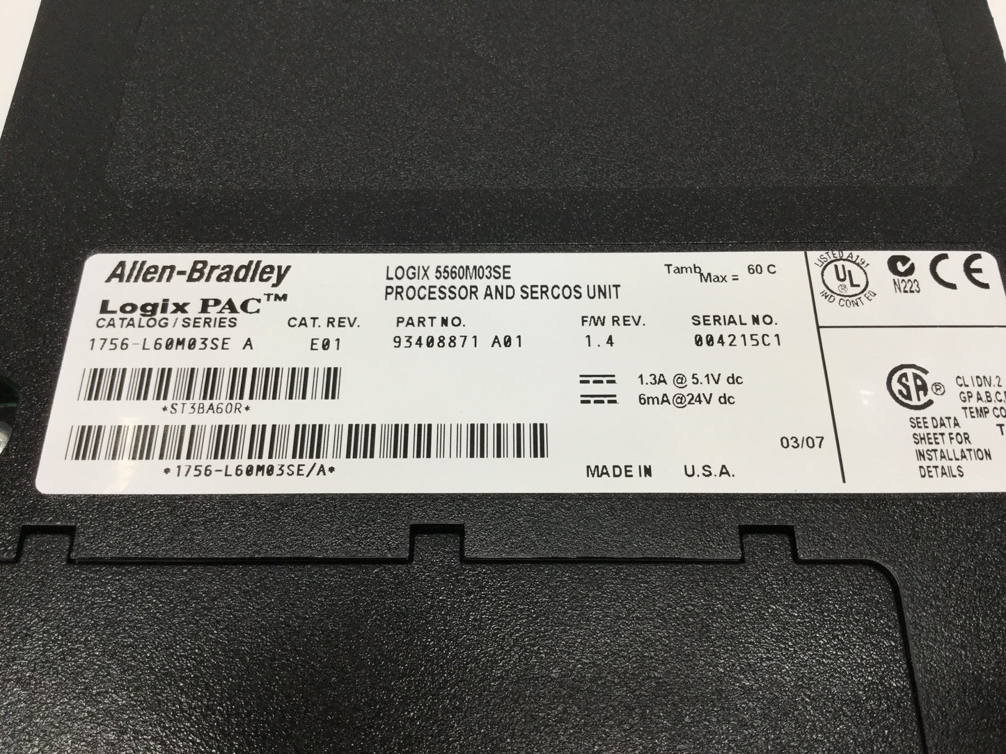 Used Allen Bradley 1756-L60M03SE ControlLogix Processor/SERCOS Control Module, 3-Axis