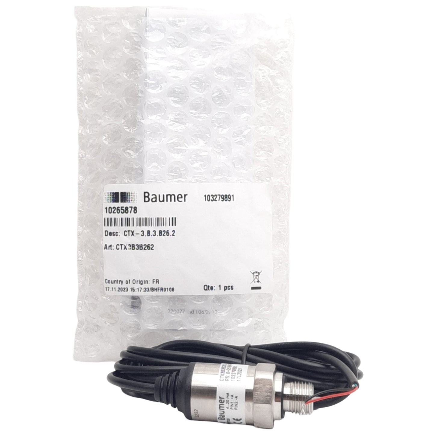 New Baumer CTX3B3B262 Pressure Transmitter 0-25bar, 4-20mA Output, G 1/4in Male, 2m