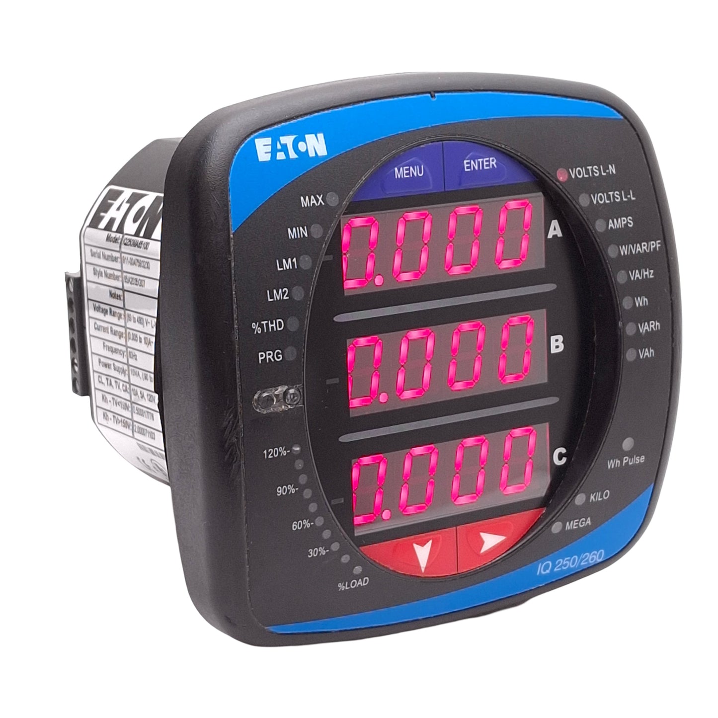 Used Eaton IQ250MA65100 IQ 250 Power Meter, 90-265VAC/DC 10VA Supply, 5A Secondary