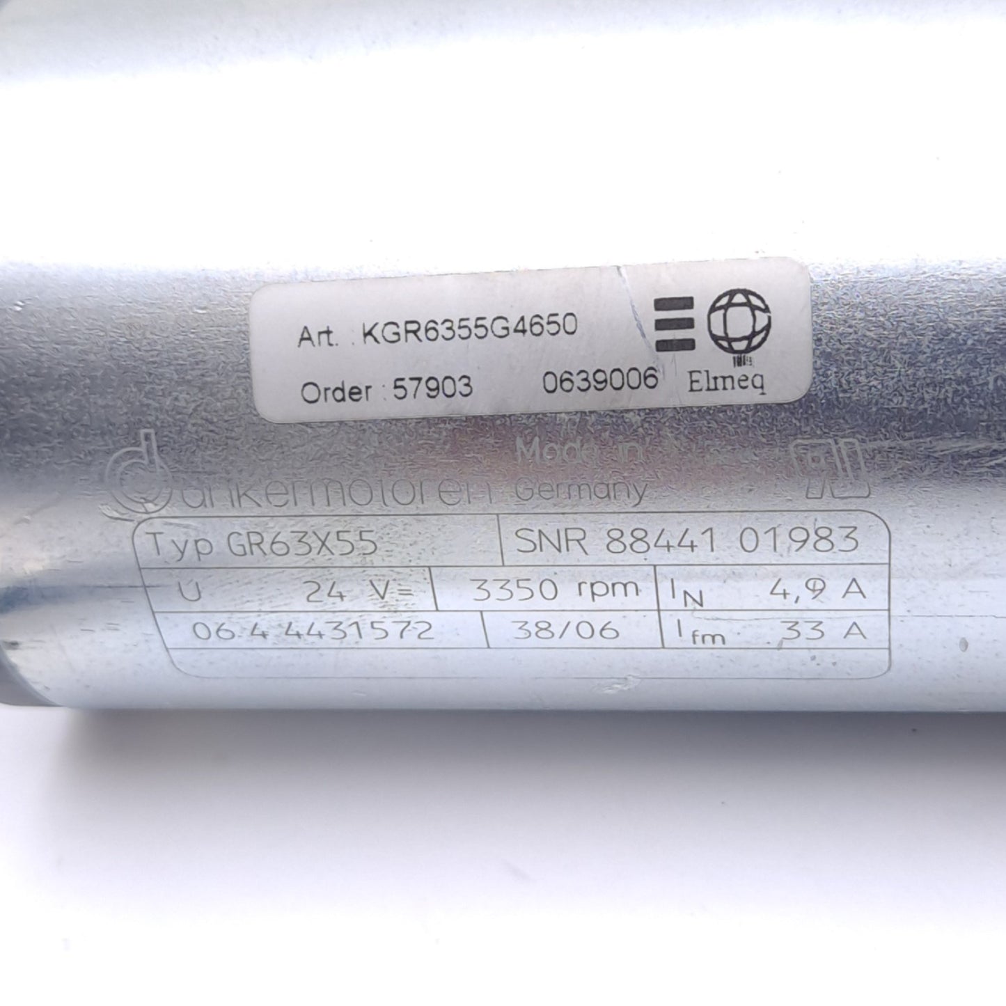 Used Dunkermotoren GR63X55 Motor, 3350 RPM Max, 24VDC 4.9A, ø8mm Shaft, 0.27Nm Torque