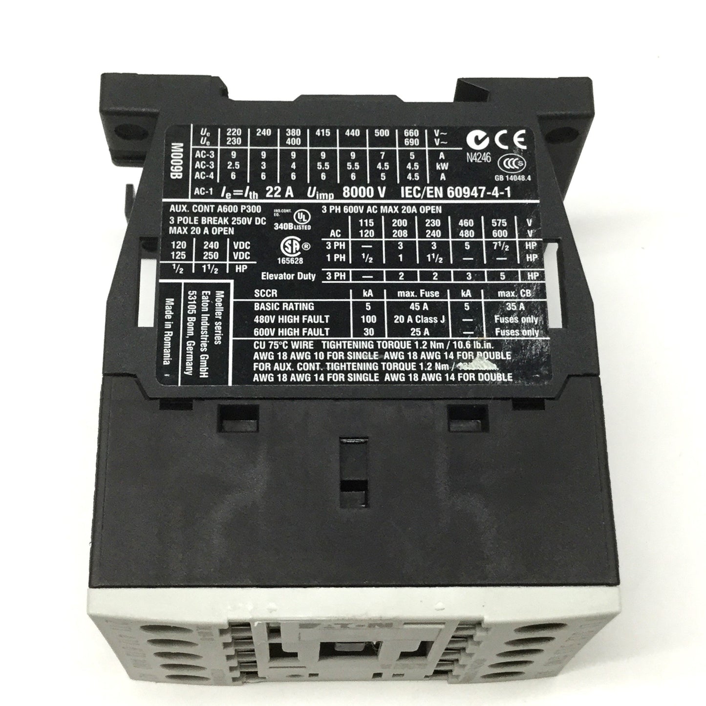 Used Eaton Moeller DIL M9-10 Contactor 3-Pole+NO, 110/120VAC Coil, 20A 600V