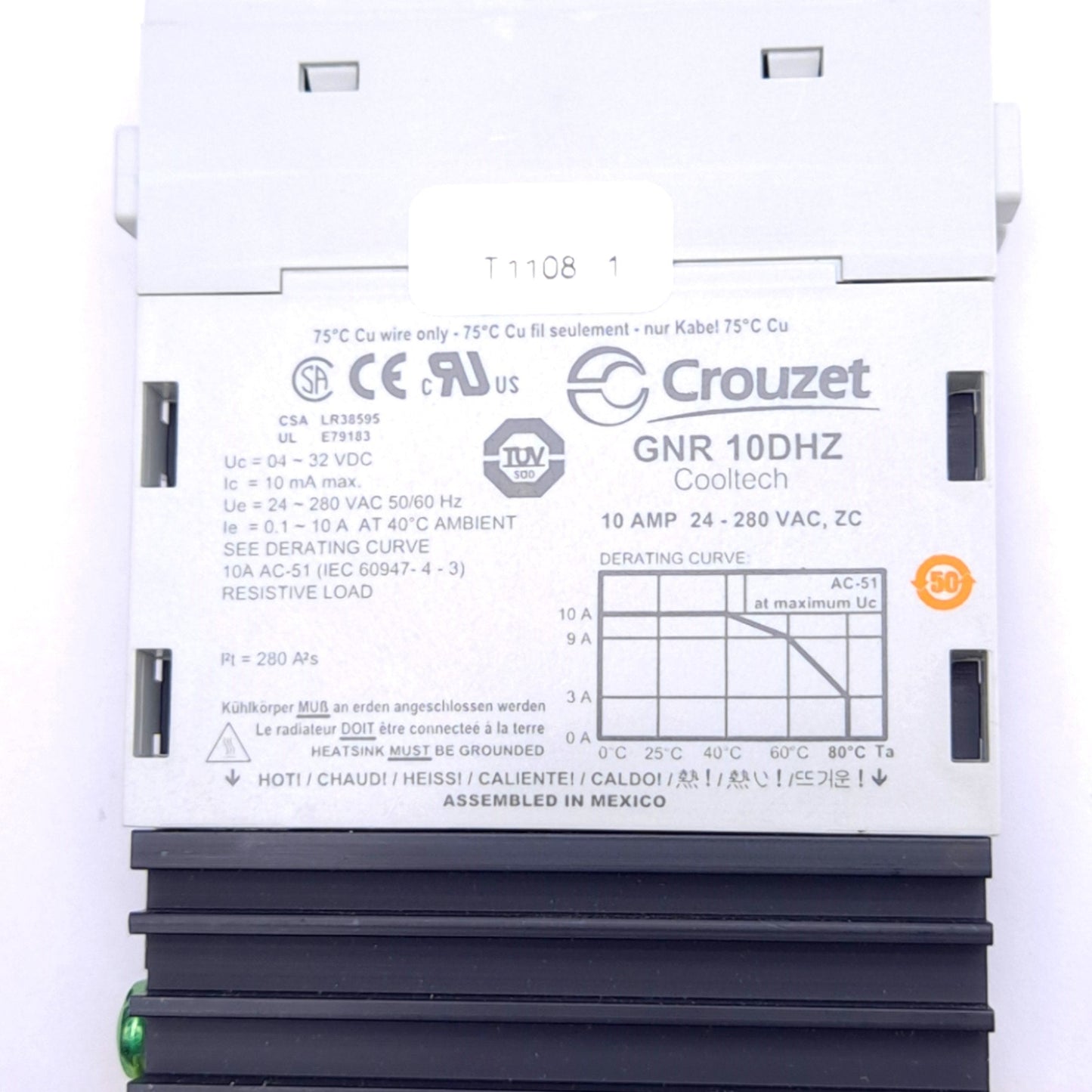 Used Crouzet GNR 10DHZ Solid State Relay, 4-32VDC In, 24-280VAC, 10A Max, SPST-NO