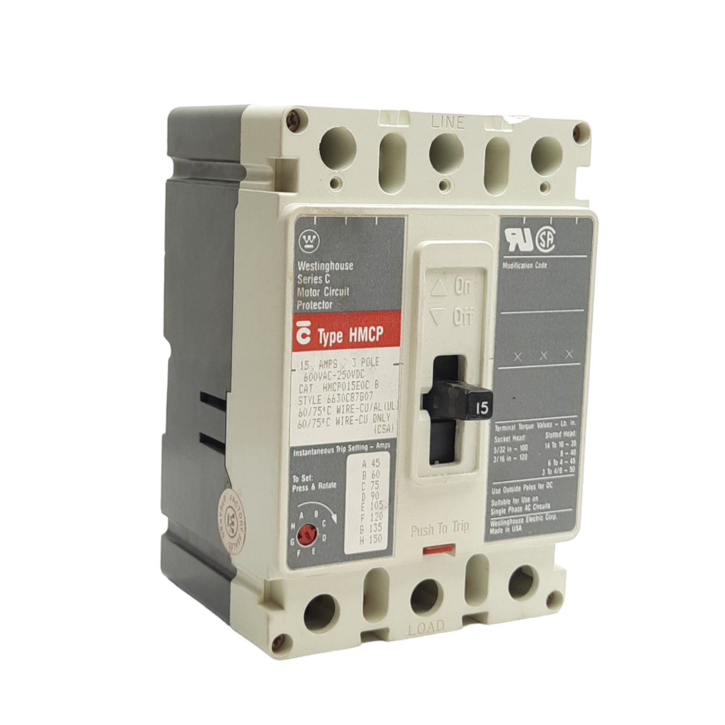 Used Eaton Westinghouse HMCP015E0C Circuit Breaker 600VAC 250VDC 15A 3-Poles