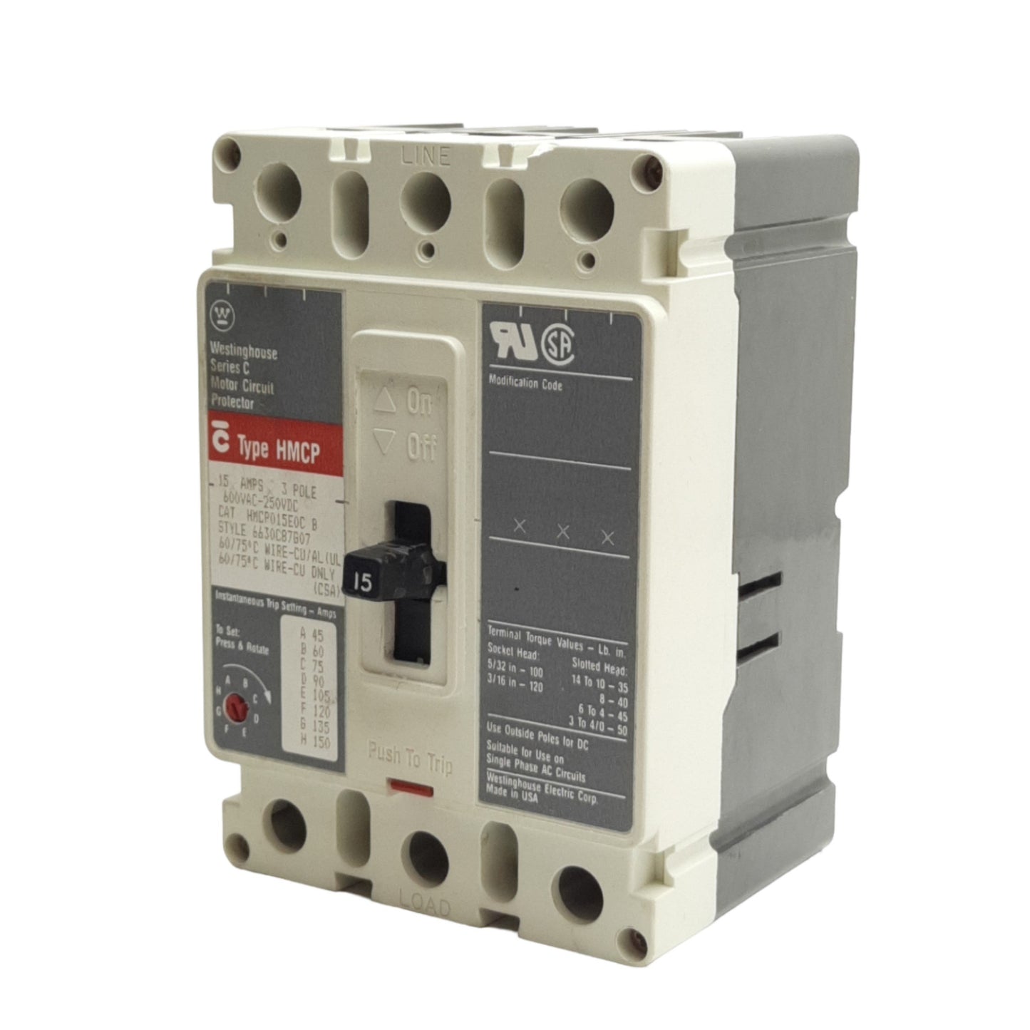 Used Eaton Westinghouse HMCP015E0C Circuit Breaker 600VAC 250VDC 15A 3-Poles