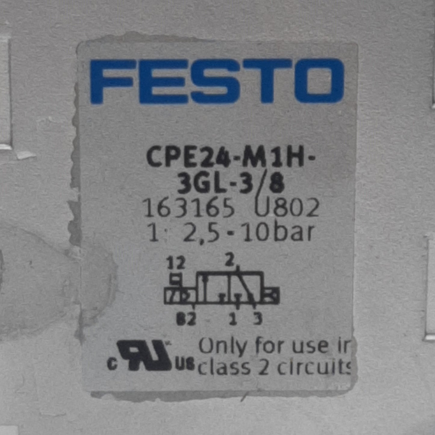 Used Festo CPE24-M1H-3GL-3/8 Solenoid Valve, 3/2-Way NC, 2.5-10bar, G3/8, 24VDC Coil