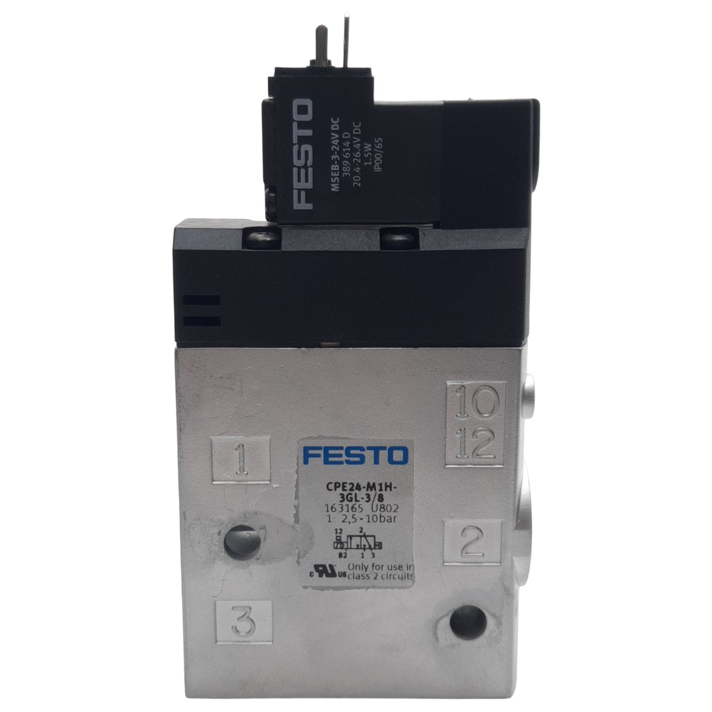 Used Festo CPE24-M1H-3GL-3/8 Solenoid Valve, 3/2-Way NC, 2.5-10bar, G3/8, 24VDC Coil