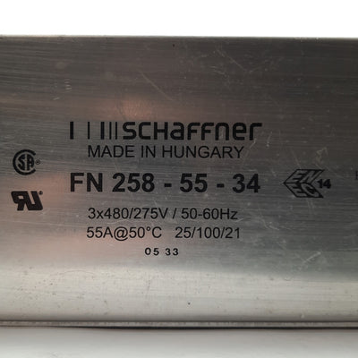Used SCHAFFNER FN258-55-34 3-Phase EMC/RFI Power Line Filter 277-480VAC 55A 50-60Hz