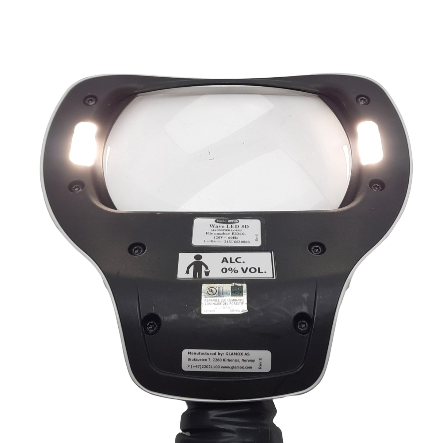 Used Luxo WAL025971 Wave LED Magnifier, 30in Arm, 5D, 100-120VAC, 200mm WD *Chip*