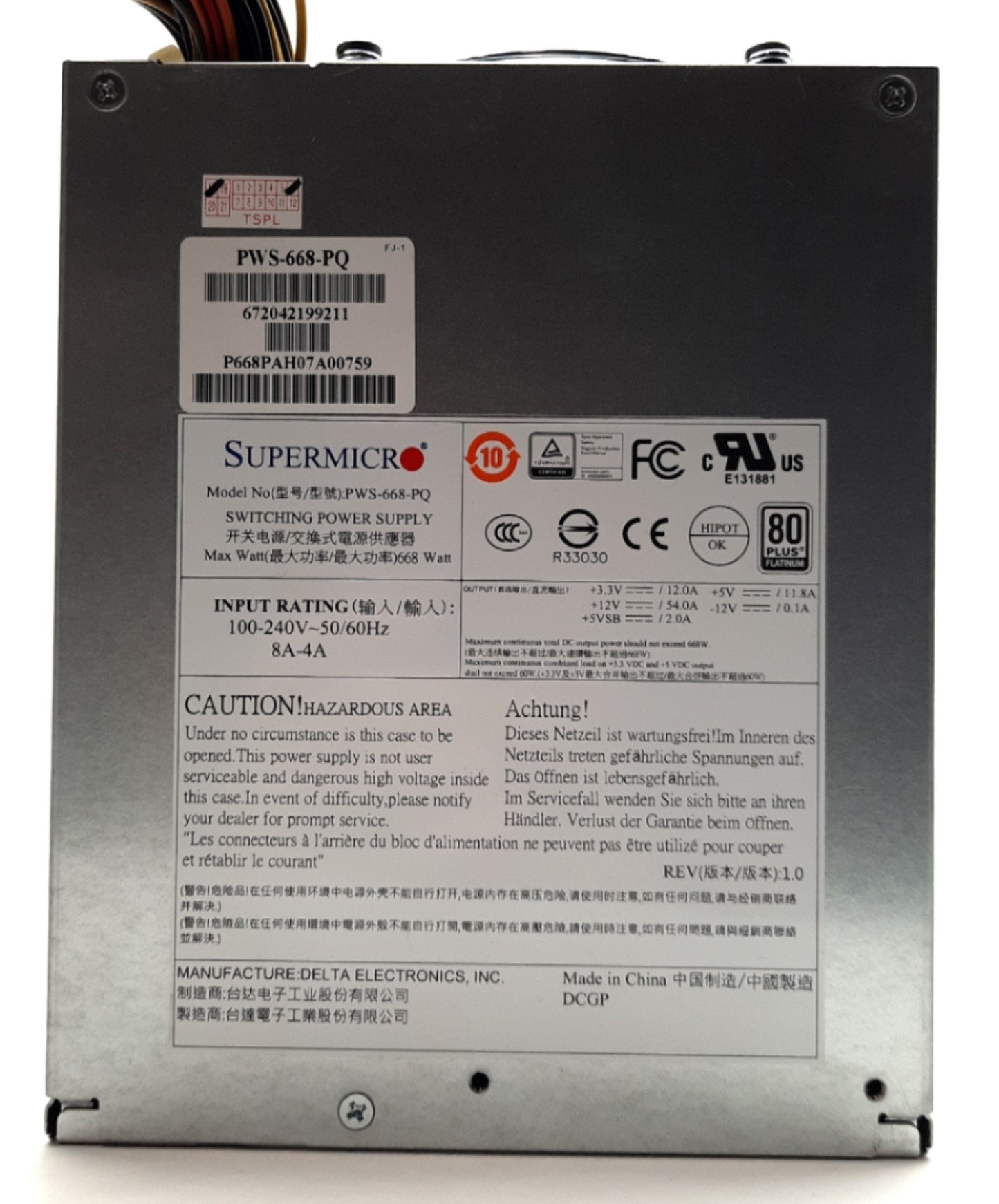 Used Supermicro PWS-668-PQ Computer Power Supply, 668W, 80+ Platinum, 24-Pin ATX