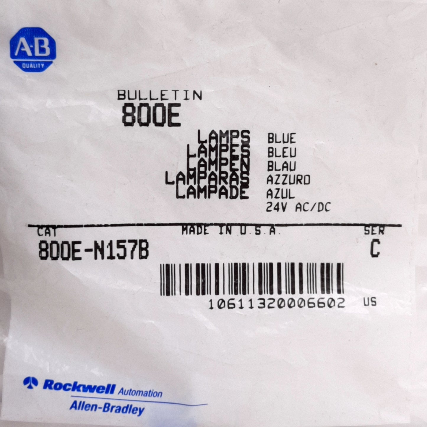 New Allen-Bradley 800E-N157B Replacement Blue Pushbutton LED Light, 24VAC/DC