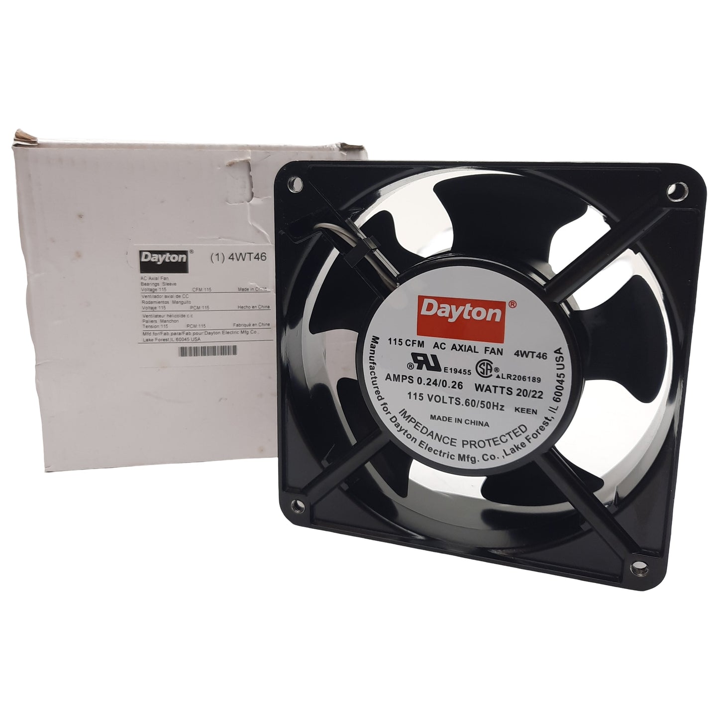 New Dayton 4WT46 Axial Fan, 115VAC 0.24-0.26A, 115cfm, 2700/3100RPM, 20/22W