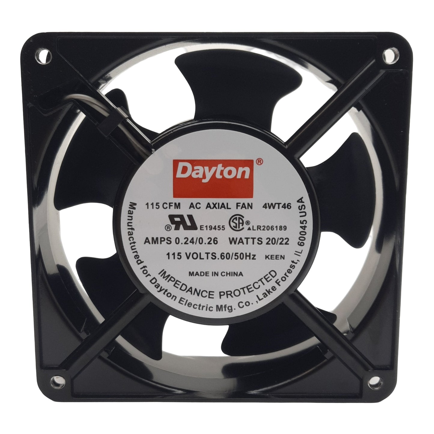 New Dayton 4WT46 Axial Fan, 115VAC 0.24-0.26A, 115cfm, 2700/3100RPM, 20/22W