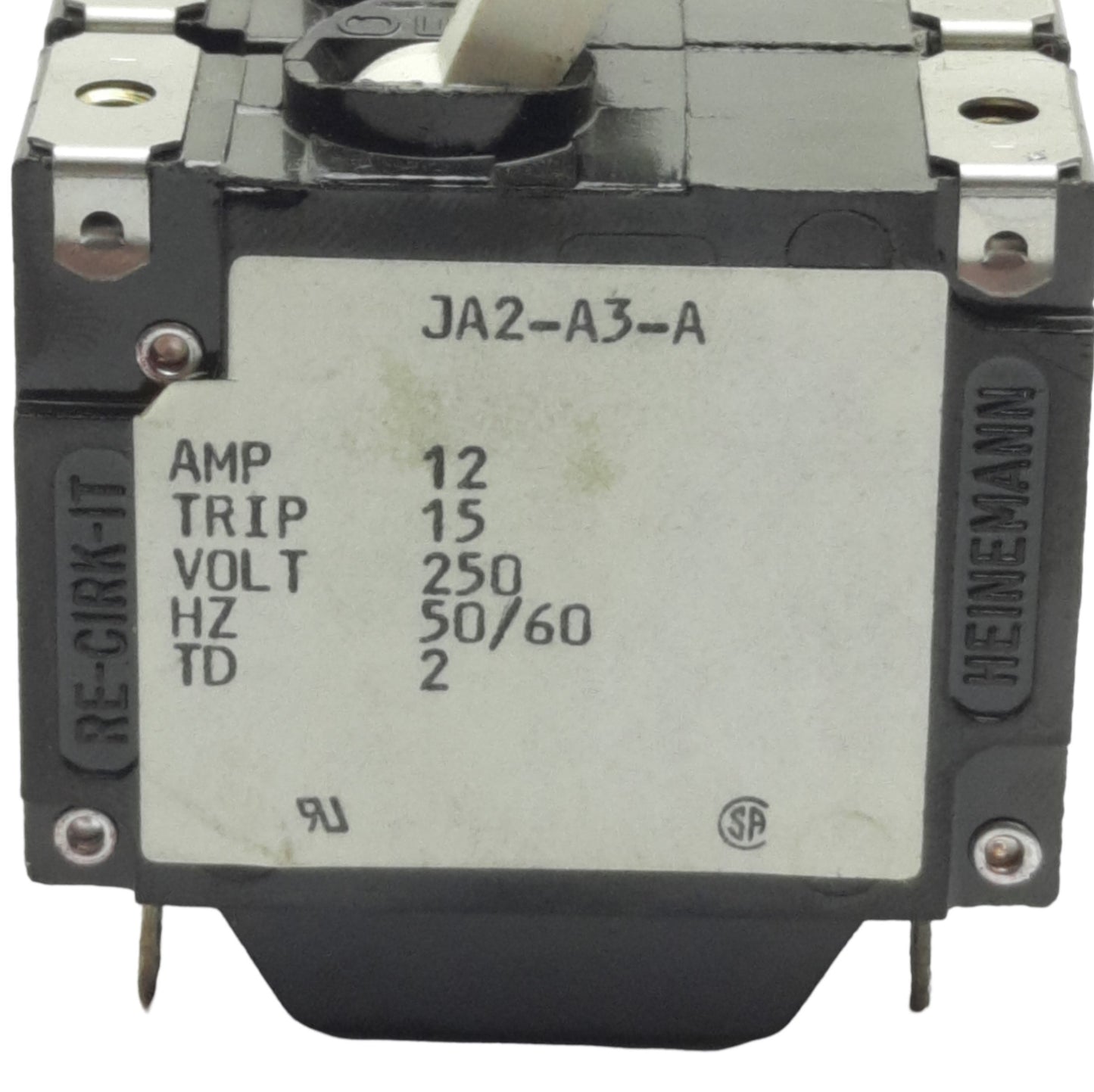 Used Eaton Heinemann JA2-A3-A Circuit Breaker, 240VAC 12A, Panel Mount, 2-Poles