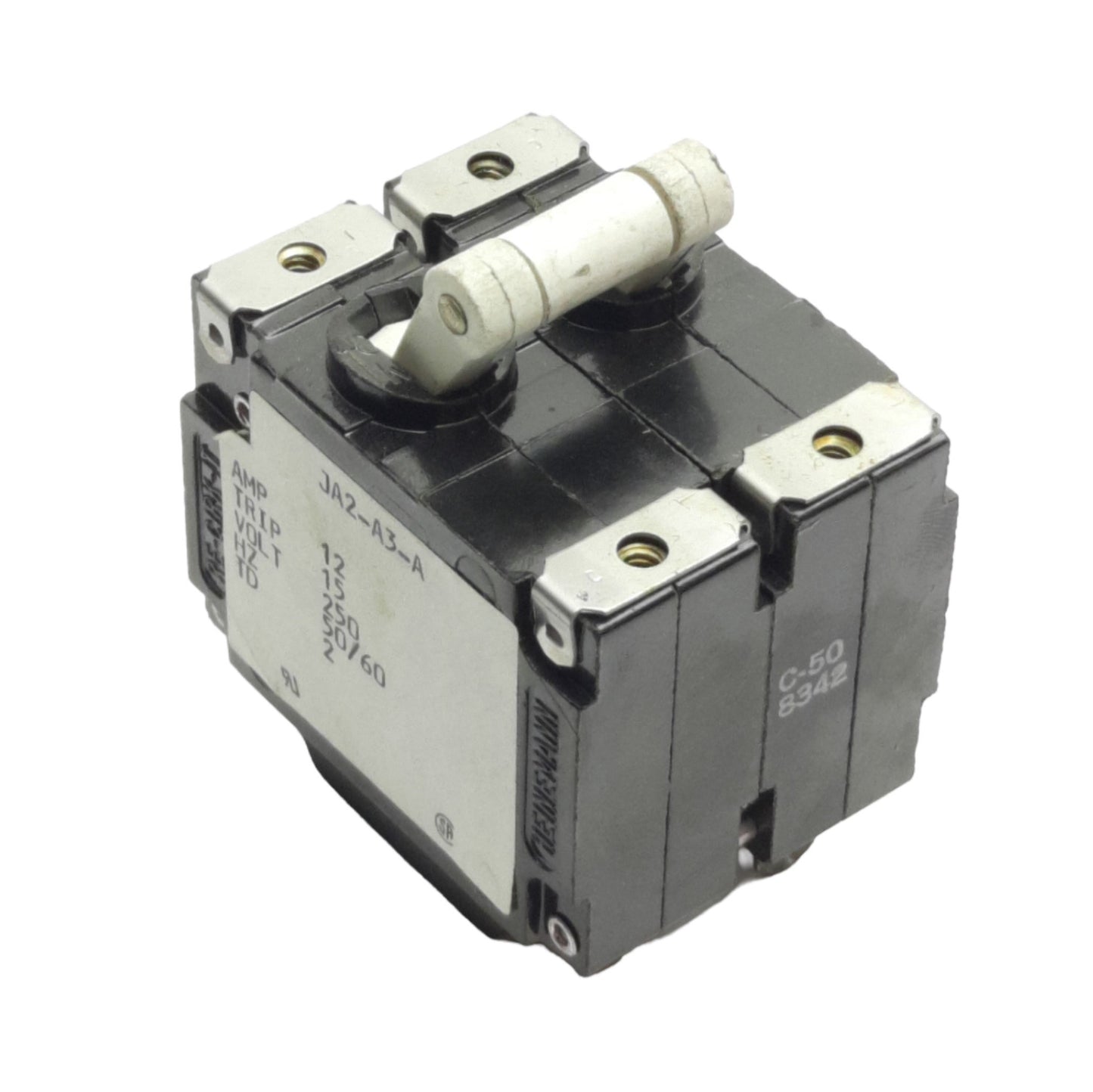 Used Eaton Heinemann JA2-A3-A Circuit Breaker, 240VAC 12A, Panel Mount, 2-Poles