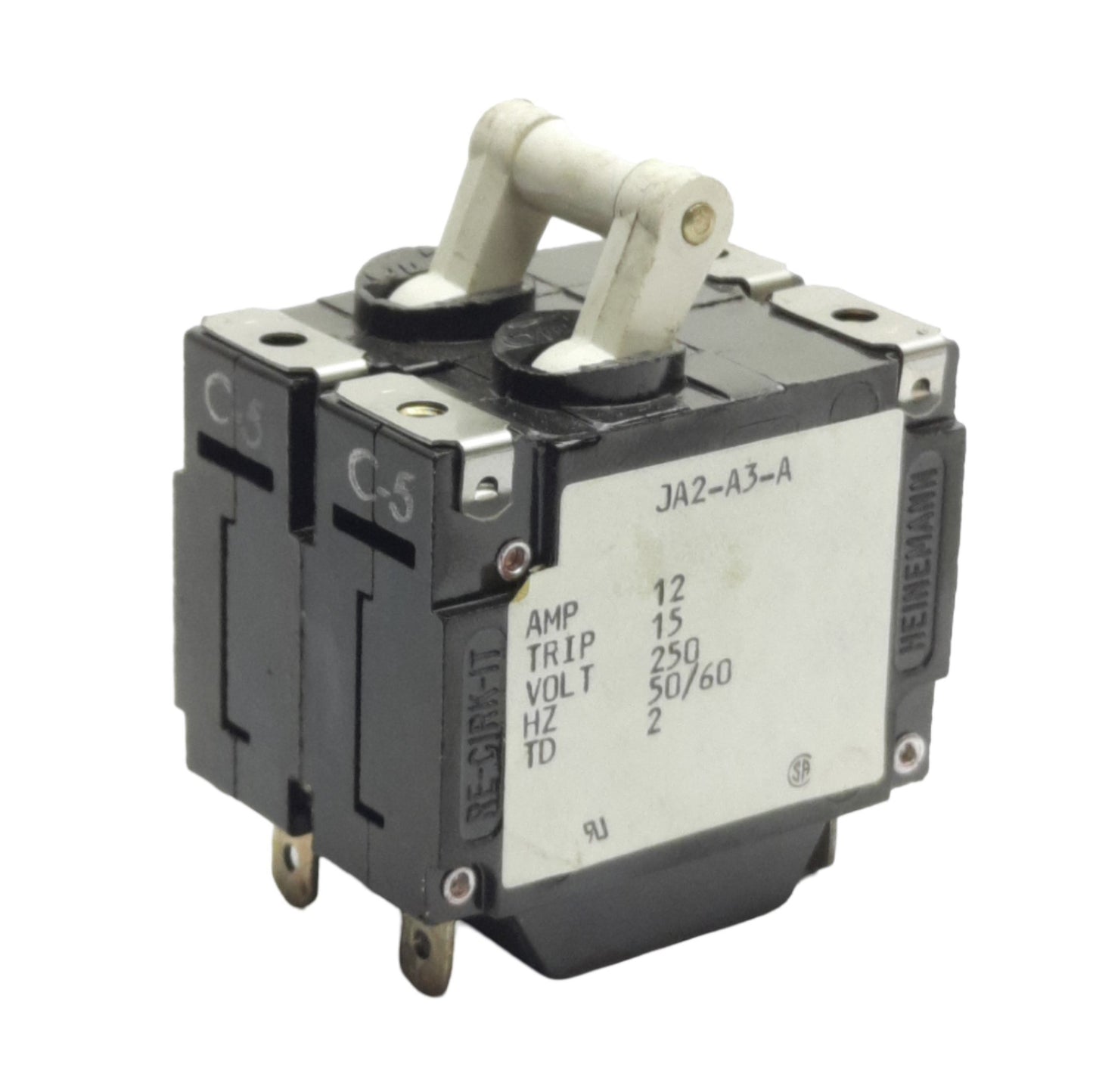 Used Eaton Heinemann JA2-A3-A Circuit Breaker, 240VAC 12A, Panel Mount, 2-Poles