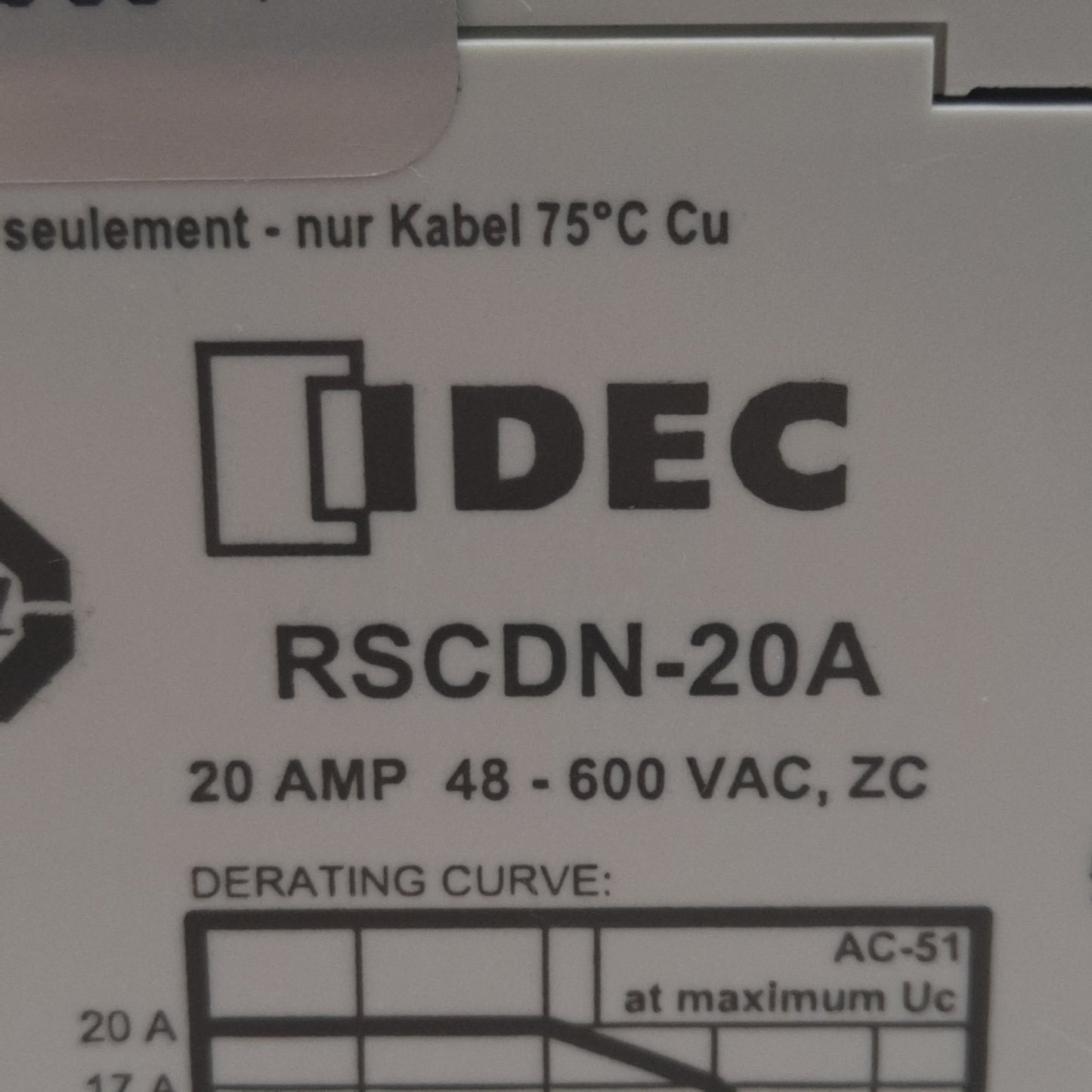Used IDEC RSCDN-20A Solid-State Relay, 4-32VDC In, 48-600VAC 20A, SPST-NO, DIN Rail