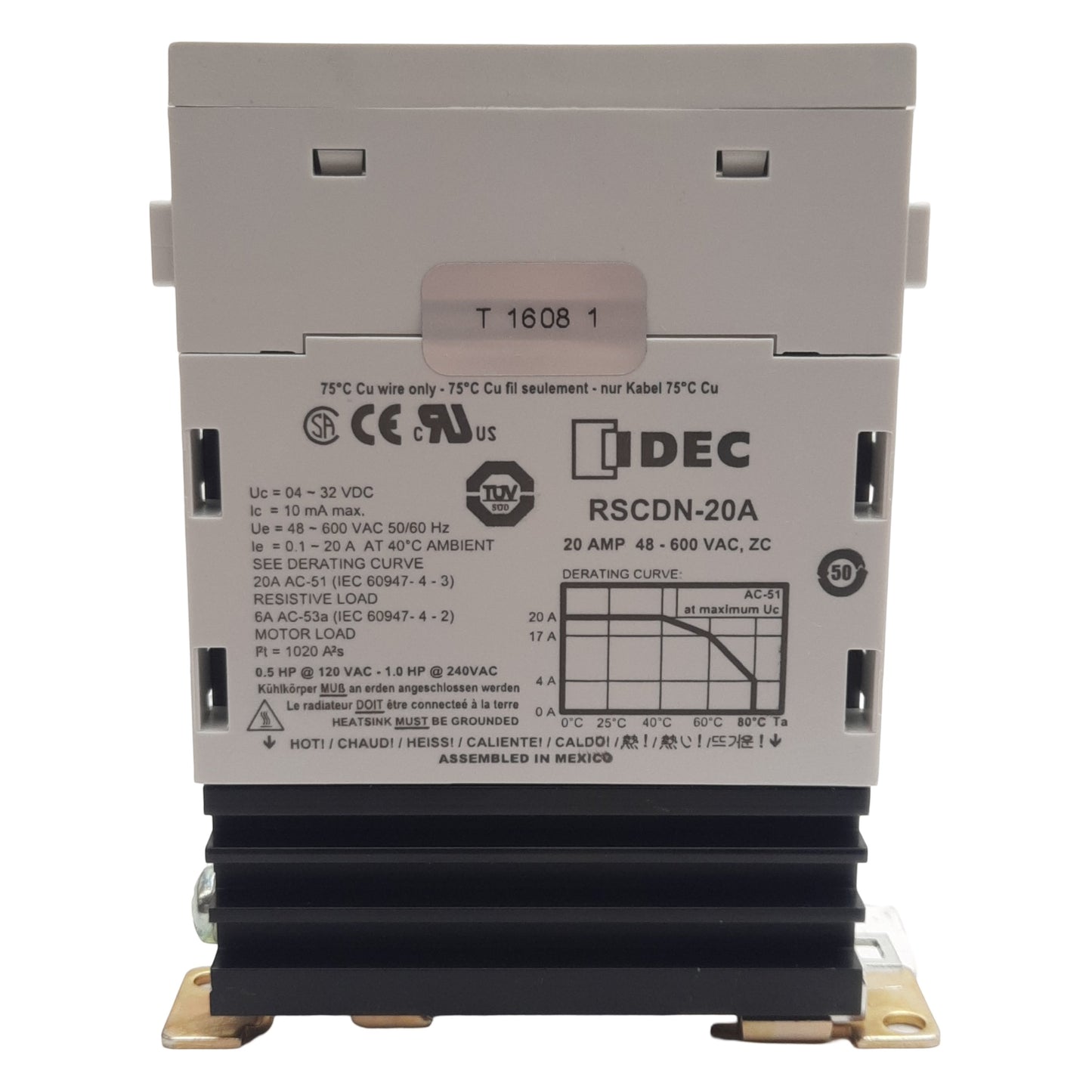 Used IDEC RSCDN-20A Solid-State Relay, 4-32VDC In, 48-600VAC 20A, SPST-NO, DIN Rail
