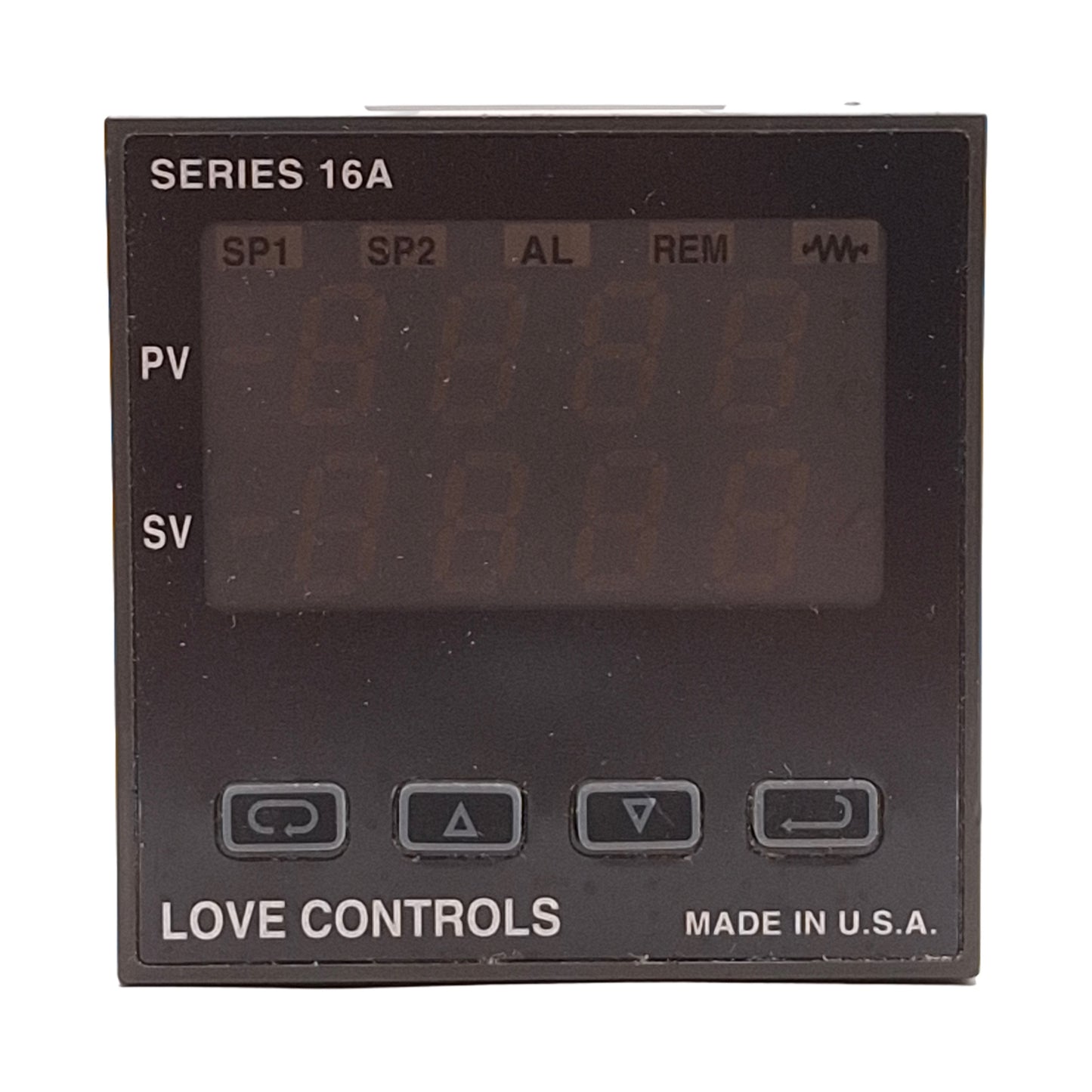 Used Love Controls 16A2120 Temperature Controller, 100-240VAC / 132-240VDC, 1/16 DIN