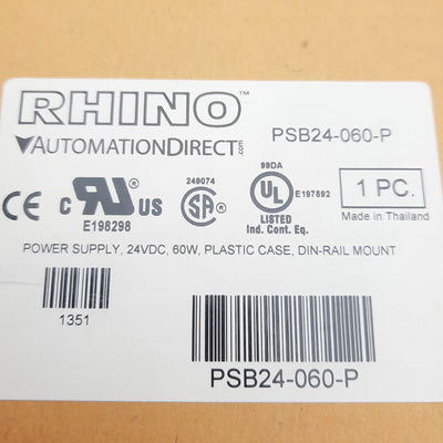 New Automation-Direct Rhino PSB24-060-P Power Supply, 100-240VAC In, 24VDC 2.5A Out