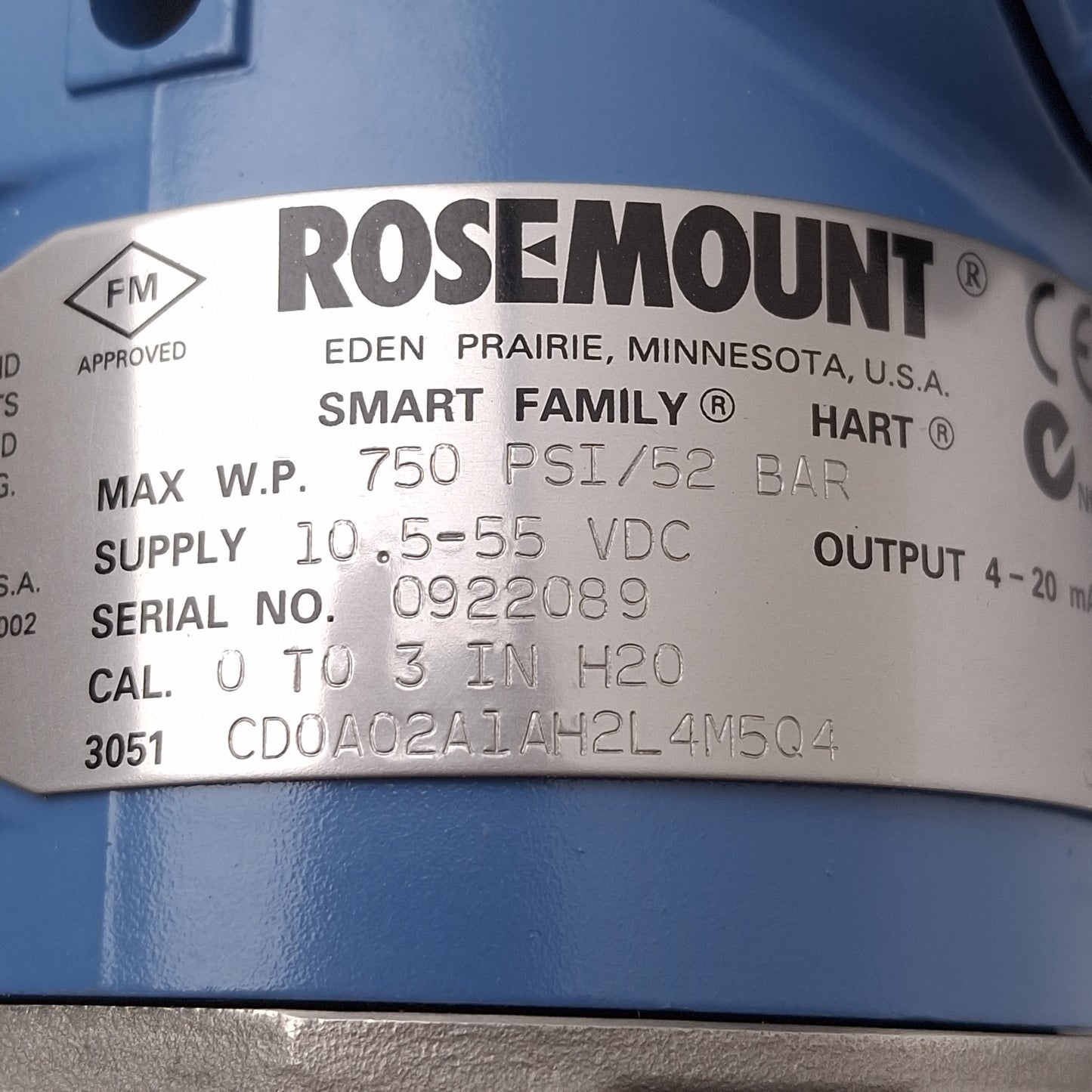 Used Rosemount 3051CD0A02A1AH2L4M5Q4 Smart Pressure Transmitter 0-3in H2O 10.5-55VDC